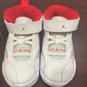 Jordan Red and White Sneakers with Padded Collar and Velcro Strap